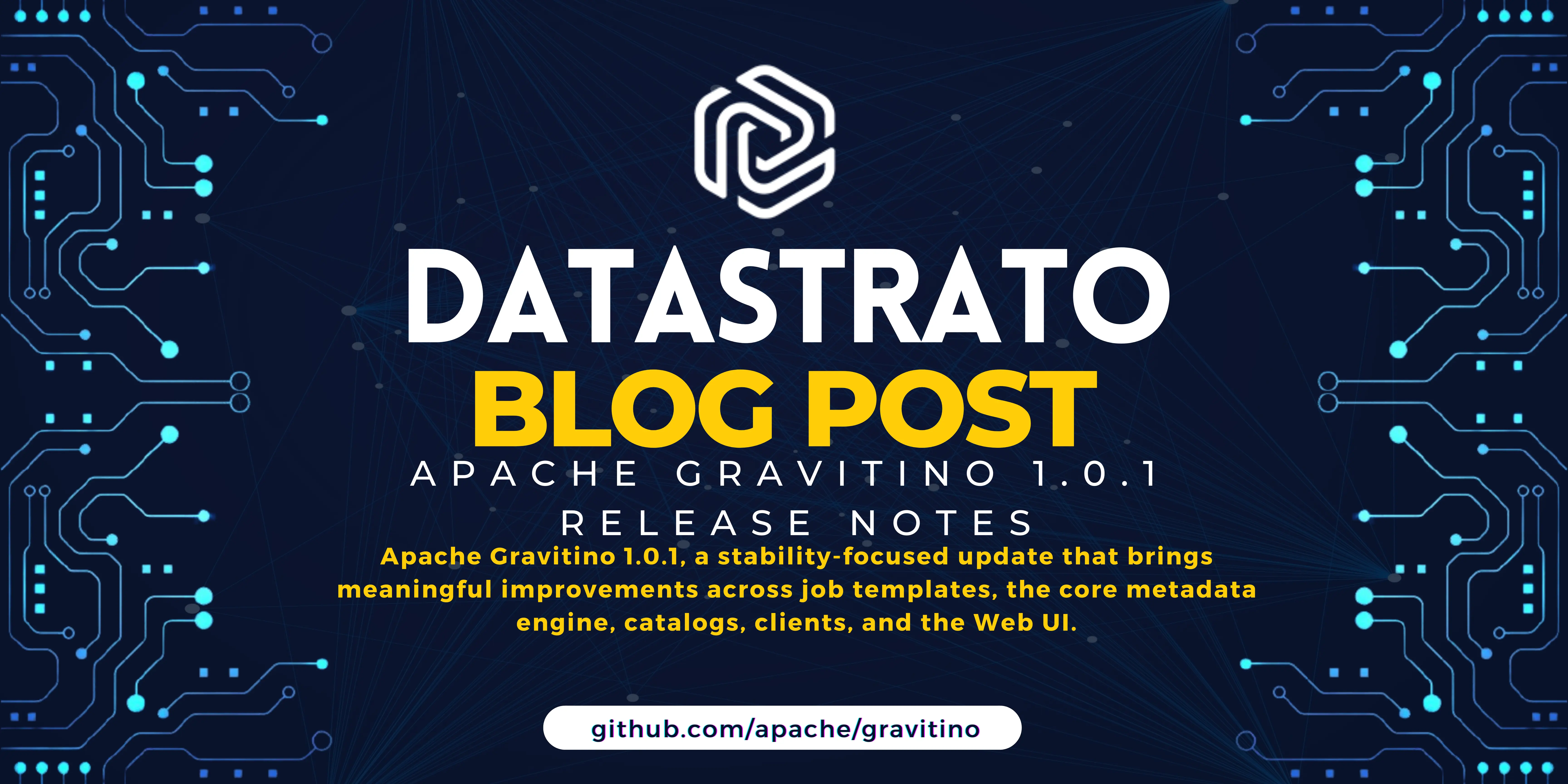 Banner for blog post with title "Gravitino 1.0.1 Released — A More Flexible, Faster, and Smarter Metadata Lake"